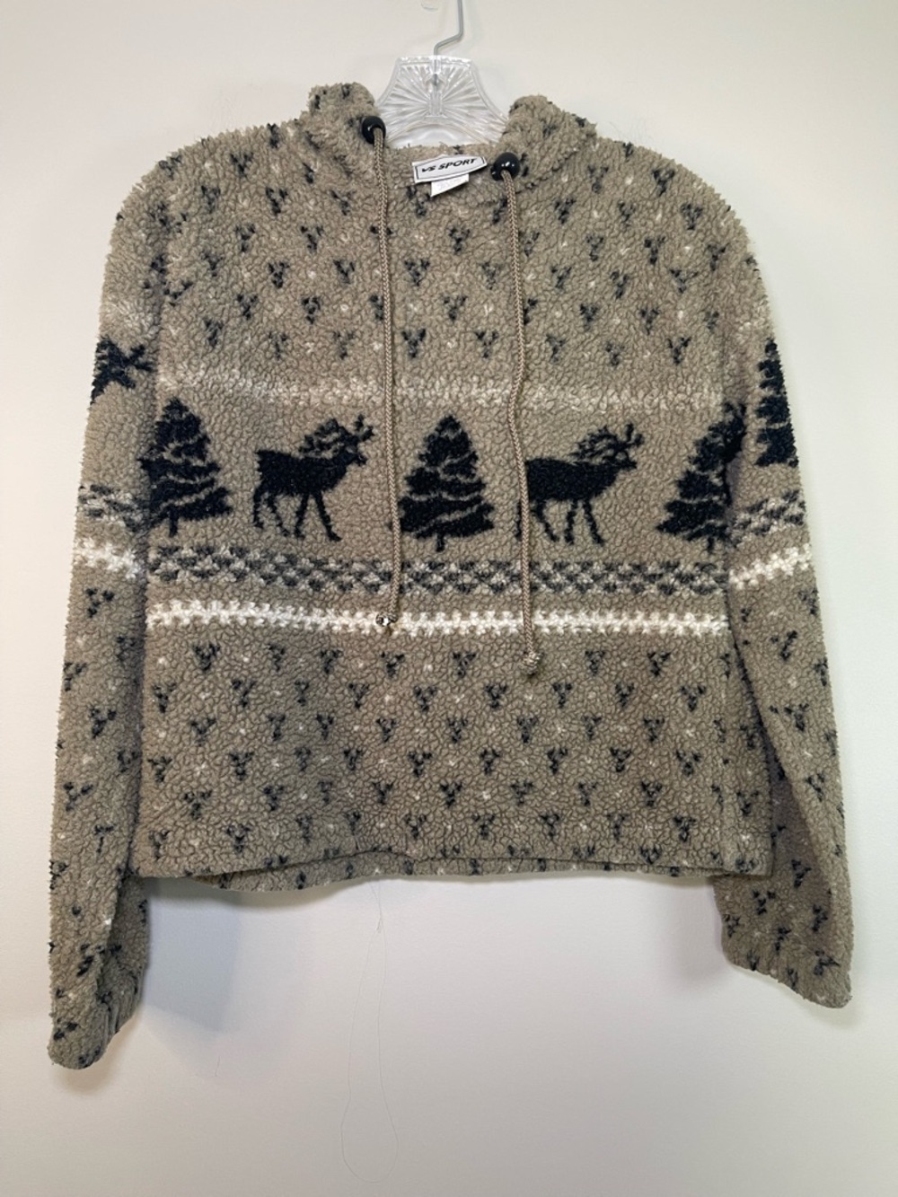 Vintage 90s V Sport Cozy Hoodie Sweater with Moose & Tree Pattern - Taupe/Black